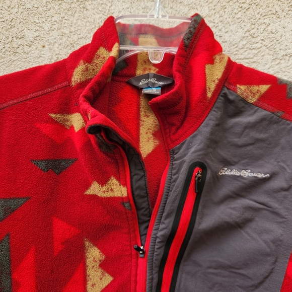 EDDIE BAUER Mens Pullover Medium Red Fleece Quarter Zip Geometric Pocket - Picture 10 of 13